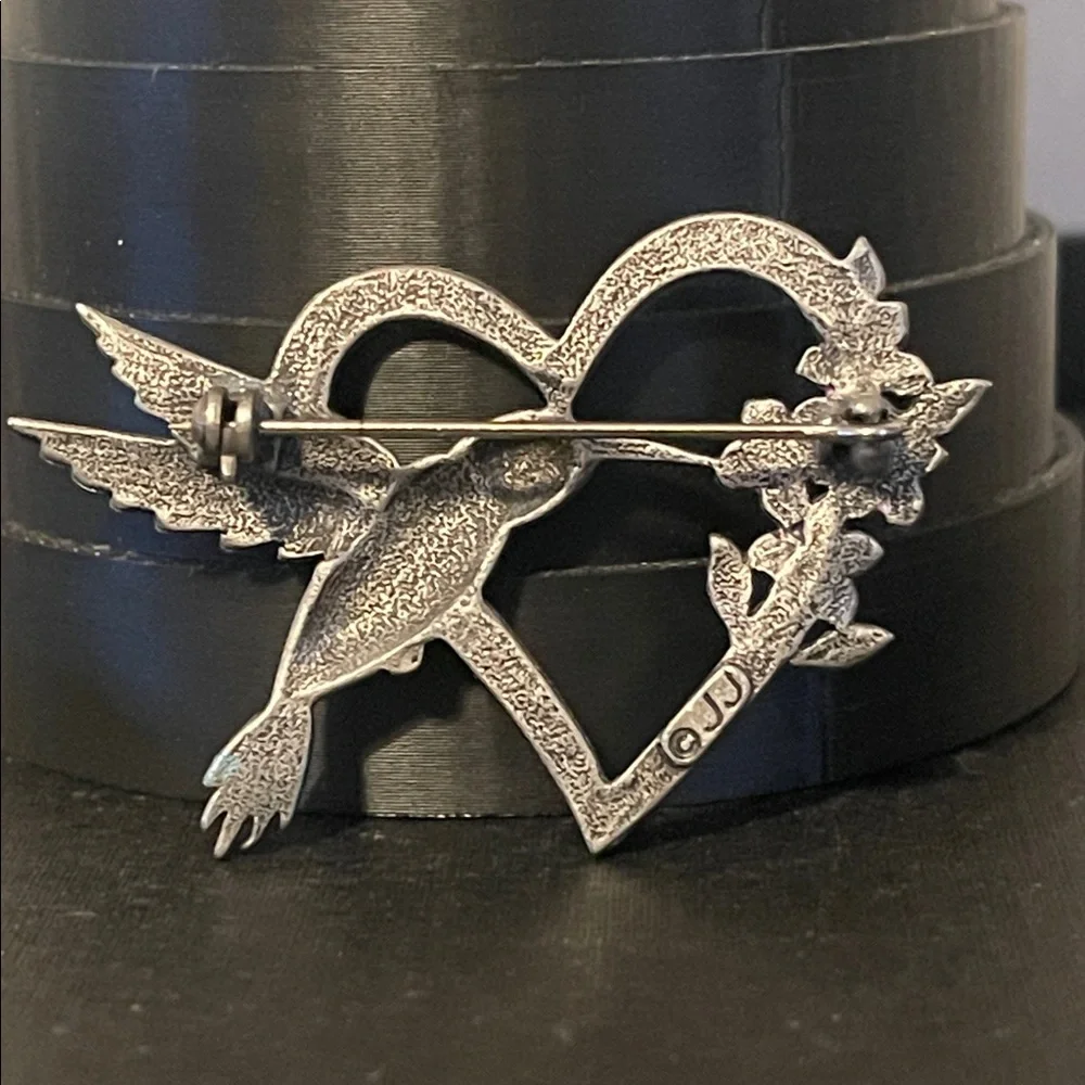🍄Vintage JJ Jonette Pewter Blue Hummingbird Pink Floral Heart Brooch - Picture 6 of 8